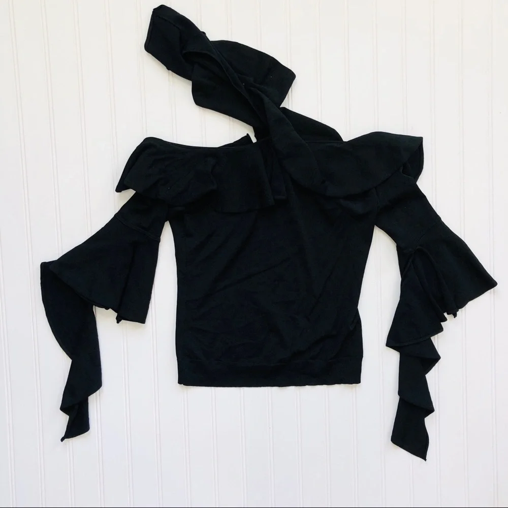 Chelsea28 Ruffle Black Cold Shoulder Top - Picture 1 of 5